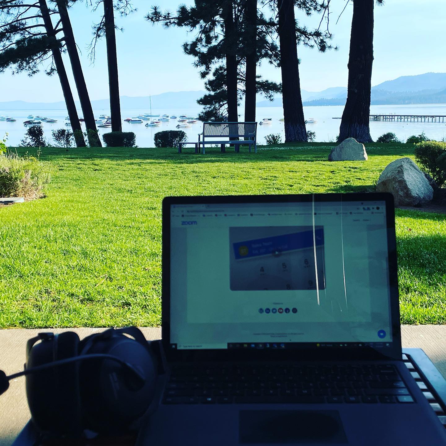 laptop and lake view